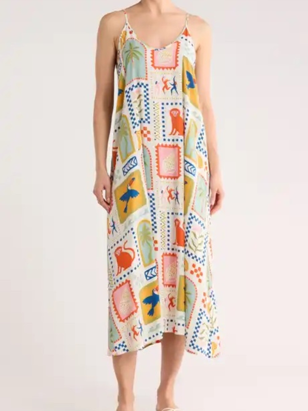 NWOT White Midi Slip Dress with Multicolor Stamp Print
